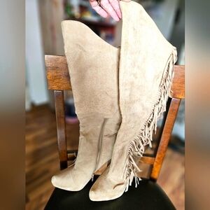 Tell sexy fringe boots. Taupe. Qupid.
